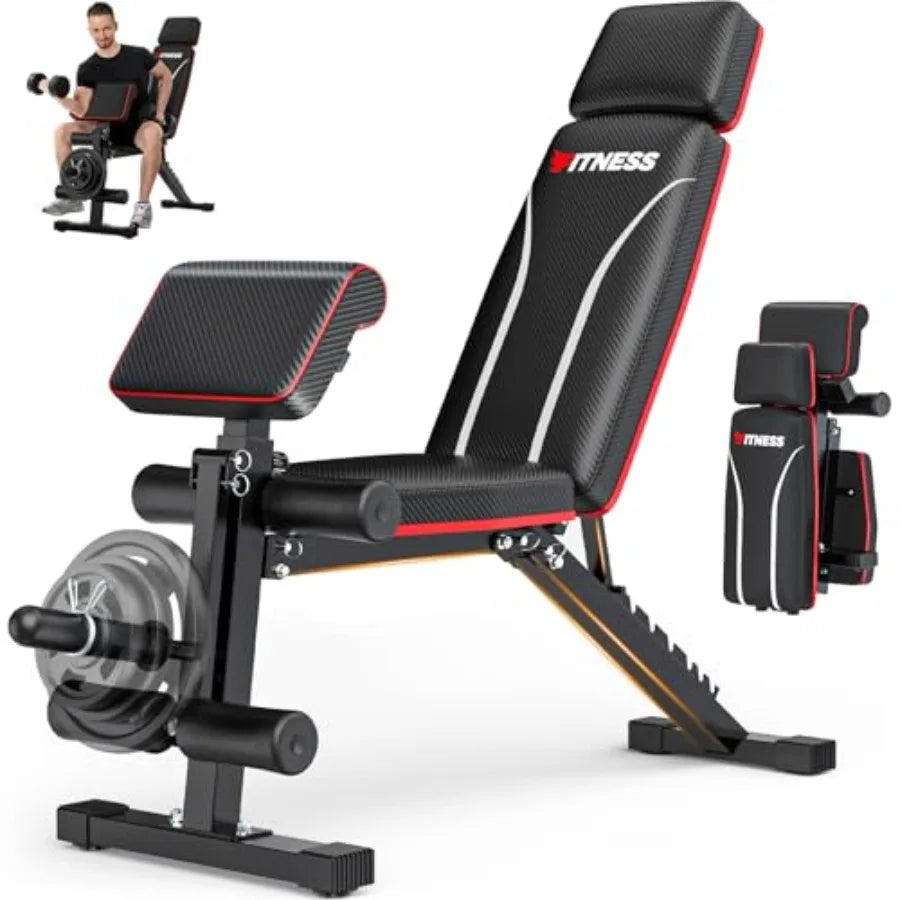 Foldable Workout Bench Adjustable Weight Bench for Home Gym with Leg Extension Preacher Pad Extended Headrest Collapsible Bench