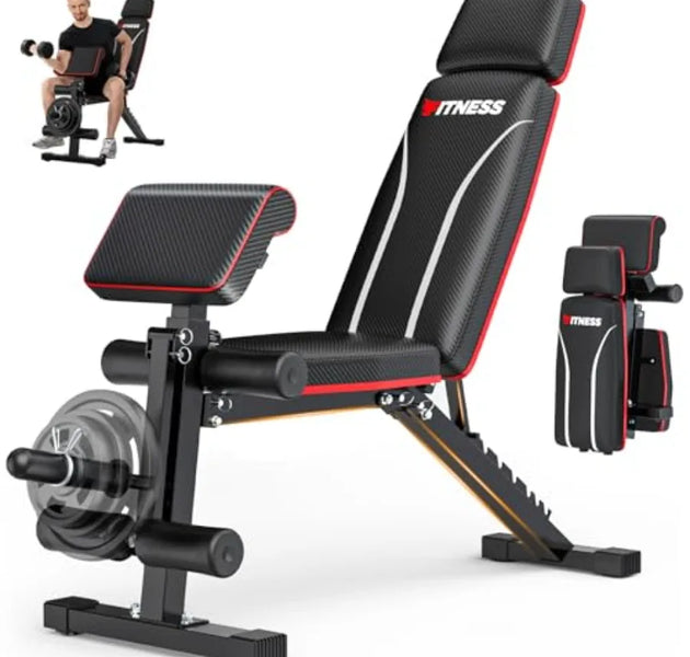 Foldable Workout Bench Adjustable Weight Bench for Home Gym with Leg Extension Preacher Pad Extended Headrest Collapsible Bench