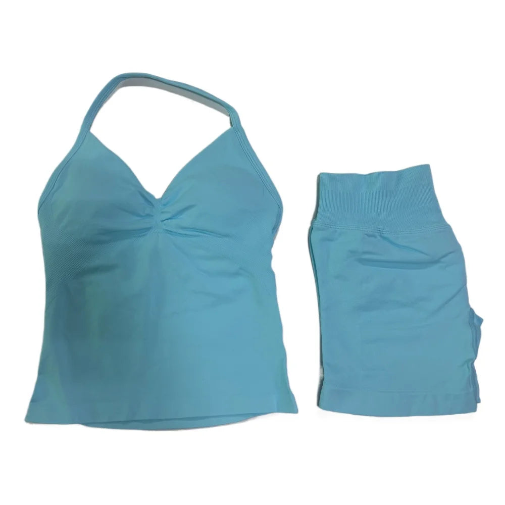 2Pcs Gym Set Women Backless Tank Tops High Waist Scrunch Seamless Shorts Gym Suit Fitness Clothes Activewear Workout Set