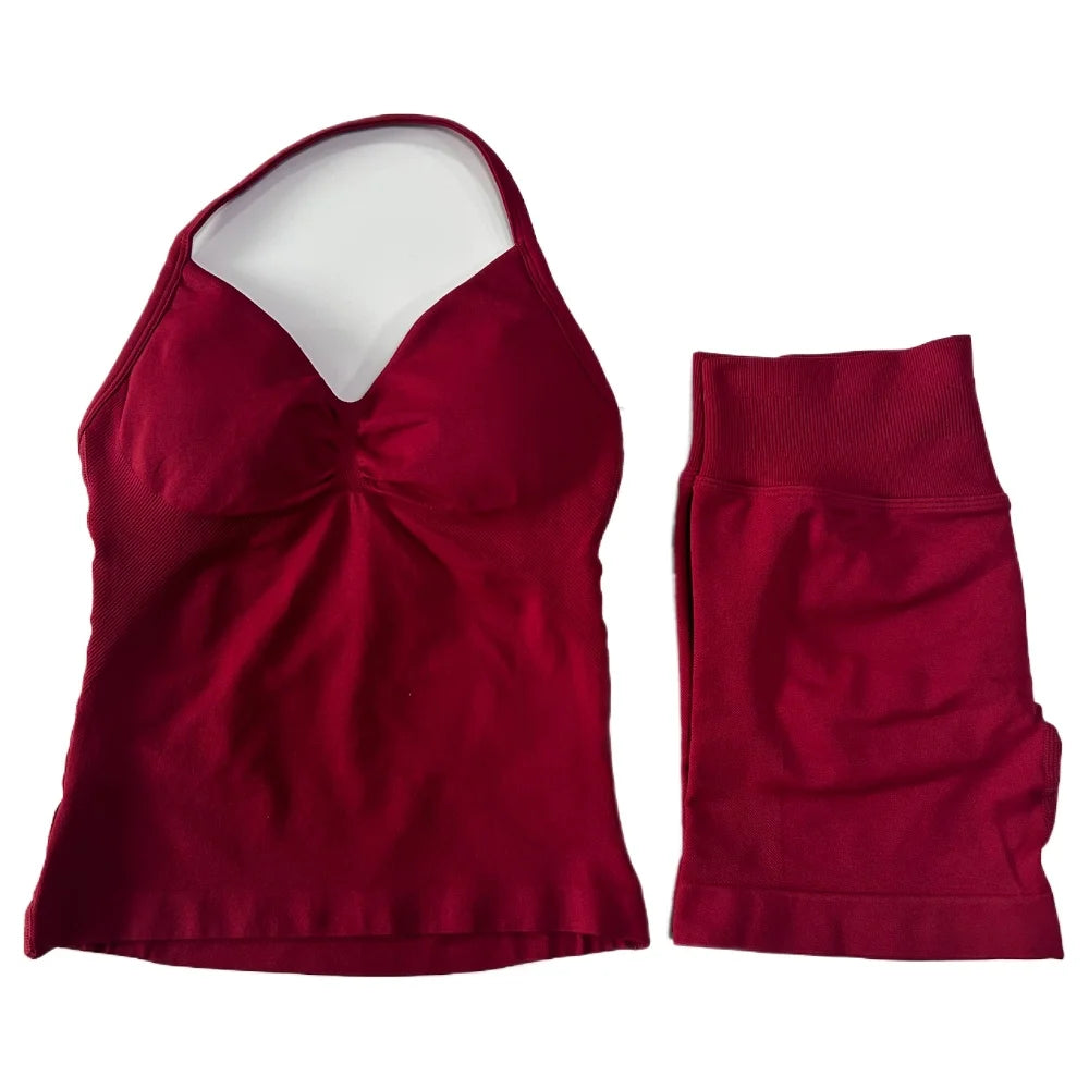 2Pcs Gym Set Women Backless Tank Tops High Waist Scrunch Seamless Shorts Gym Suit Fitness Clothes Activewear Workout Set
