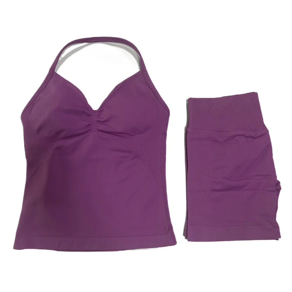 2Pcs Gym Set Women Backless Tank Tops High Waist Scrunch Seamless Shorts Gym Suit Fitness Clothes Activewear Workout Set