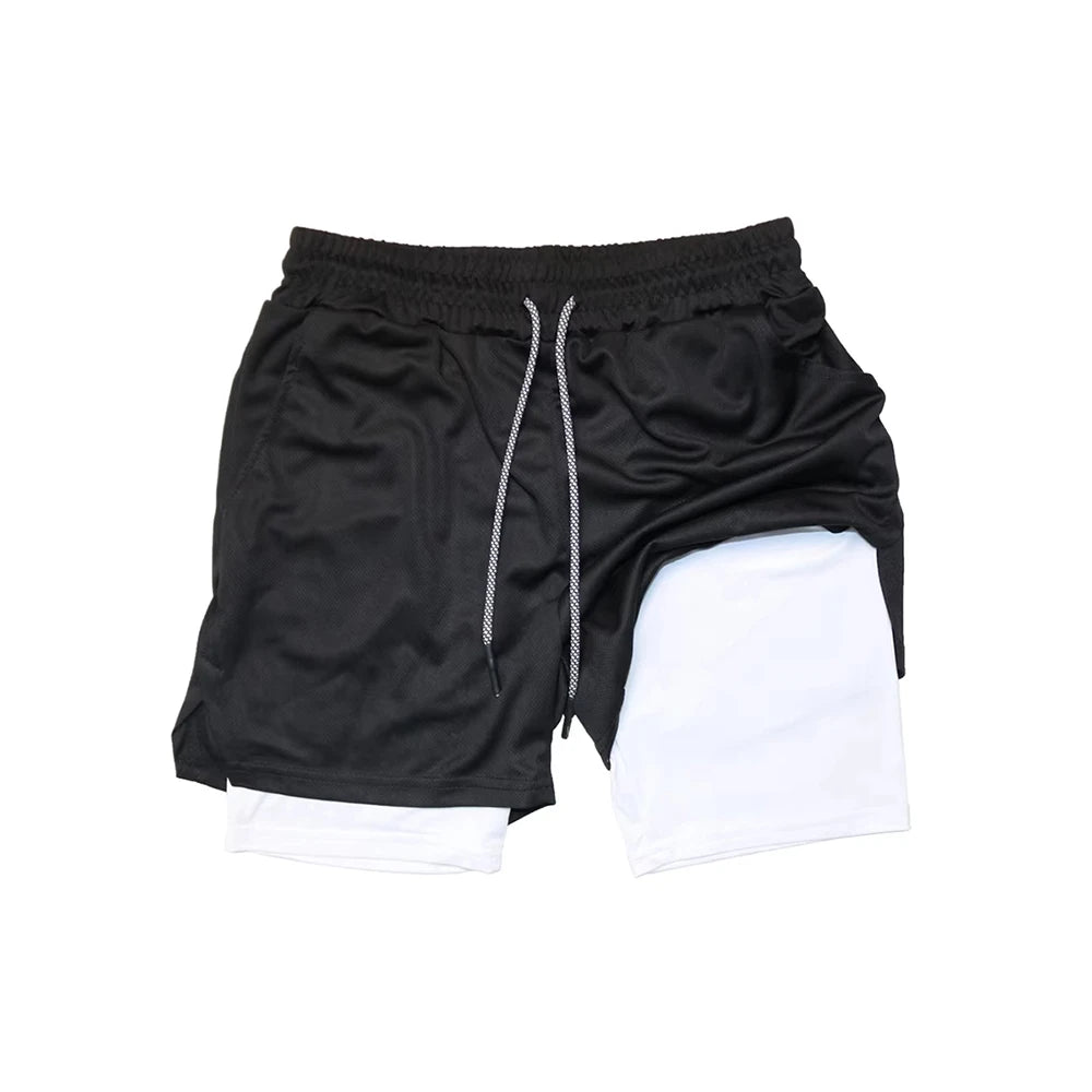 Men's Double Layer Fitness Shorts Men Fitness Gym Training 2 in 1 Sports Shorts Quick Dry Workout Jogging Double Deck Summer
