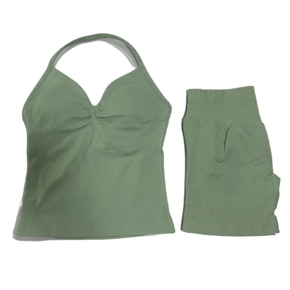 2Pcs Gym Set Women Backless Tank Tops High Waist Scrunch Seamless Shorts Gym Suit Fitness Clothes Activewear Workout Set