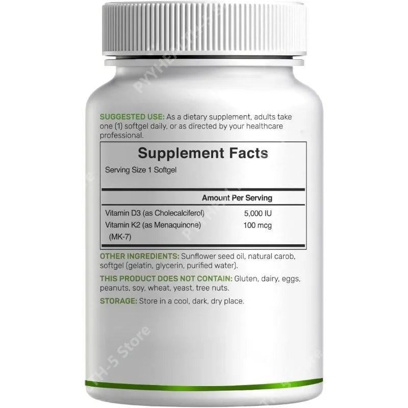 Vitamin D3 5,000 IU + K2 MK7 Softgels, 150 Count | 2-in-1 Complex | Easy To Swallow Compound Vitamin Health Food