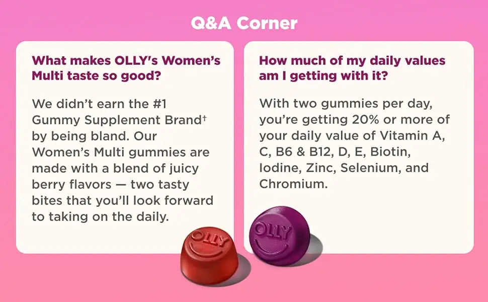 OLLY Women's Multivitamin Gummy, Vitamins A, D, C, E, Biotin, Folic Acid, Adult Chewable Vitamin, Berry Flavor, 45 Day Supply