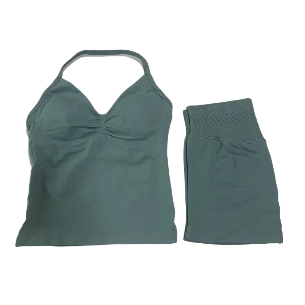 2Pcs Gym Set Women Backless Tank Tops High Waist Scrunch Seamless Shorts Gym Suit Fitness Clothes Activewear Workout Set