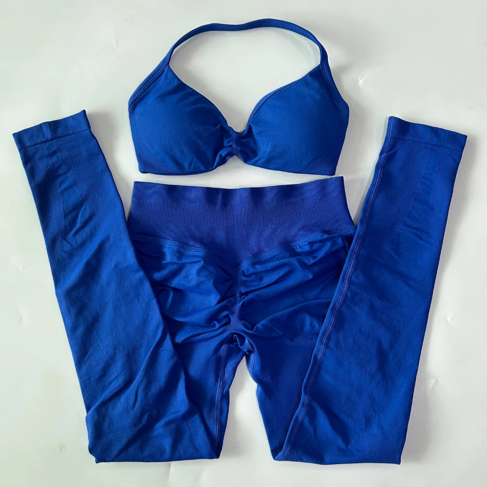 2 Pieces Set For Woman Strappy Yoga Bra Sports Top Workout Leggings Set Seamless Gym Set Fitness Clothes Outfit Activewear