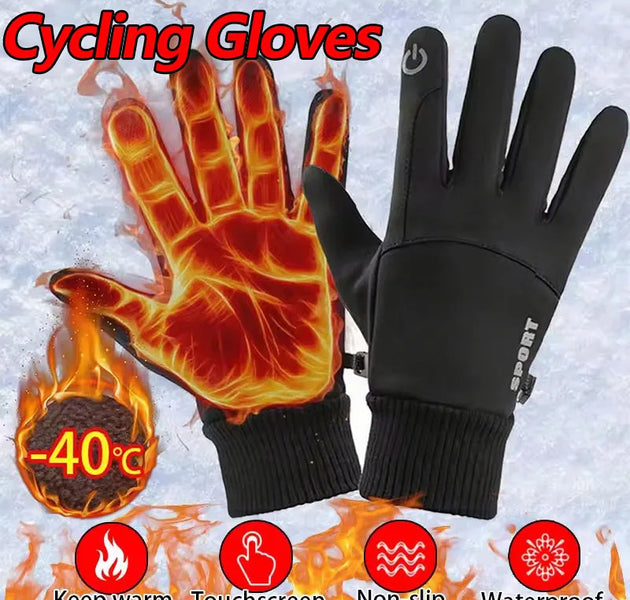 Black Winter Fleece Gloves Full Fingers Waterproof Touch Screen Cycling Outdoor Sports Running Motorcycle Ski Warm