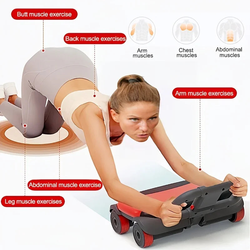 Automatic Rebound Ab Roller Wheel with Elbow Support 4-Wheel Core Exercise Tool Home Gym Abdominal Wheel Foldable Double Grip